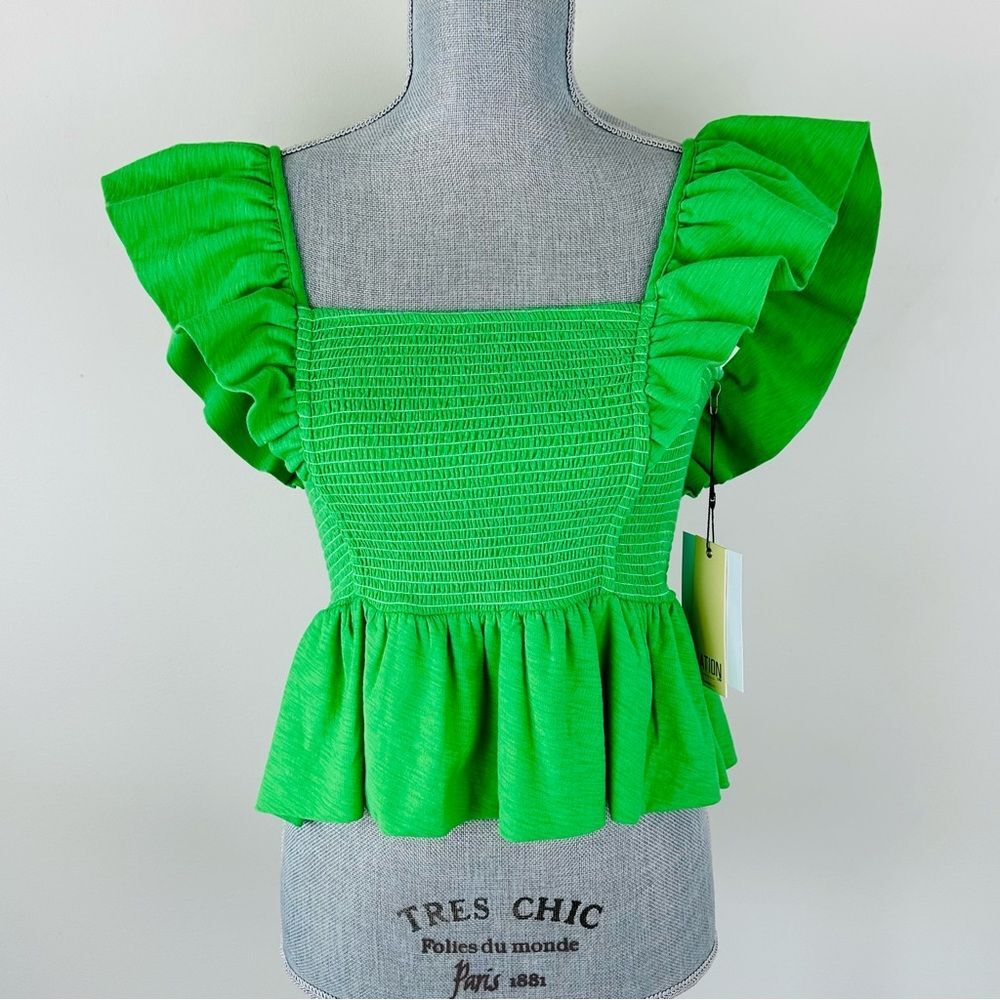 Nation LTD Kelly Green Ruffle Sleeve Peplum Top